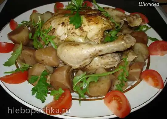 Праздничное блюдо-дуэт: картофель и курица, фаршированная грибами (скороварка Polaris 0305)