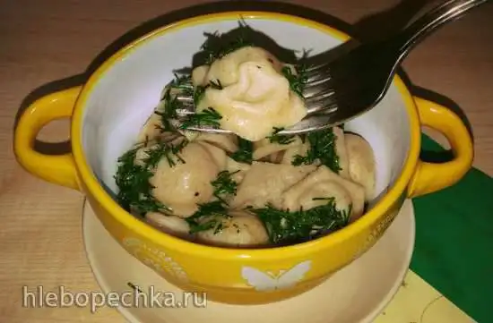 Пельмени из цельнозерновой пшеничной муки с картофельным пюре в чесночно-оливковым соусе (пельменница Sagad, м