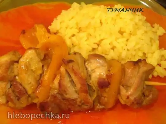 Шашлычки куриные в мандариновом соусе с рисом