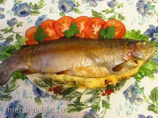 Радужная форель, запеченная с сыром и луком