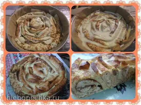 Блинный пирог с творогом, бананами и изюмом