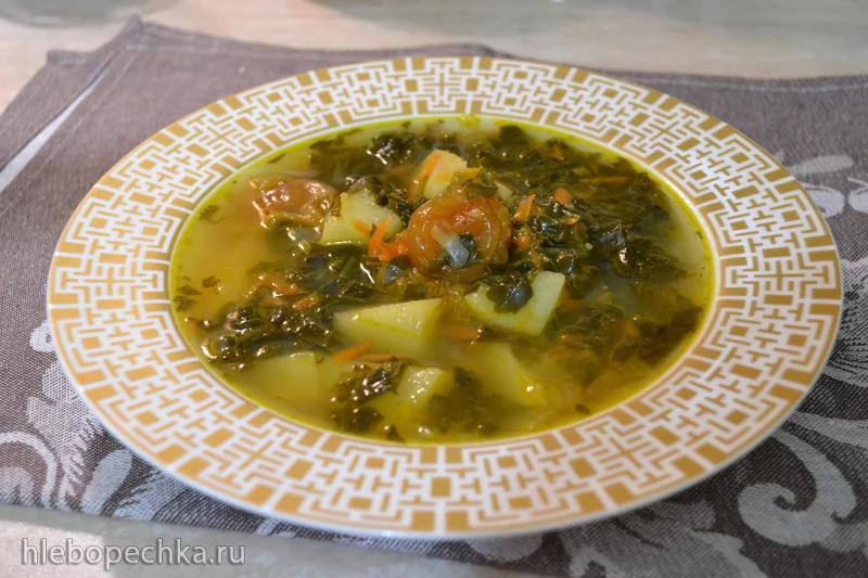 Щи зеленые весенние, со шпинатом, капустой кейл, вяленой алычой