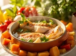 Акула в горшочке, запеченная в сухарях с овощами